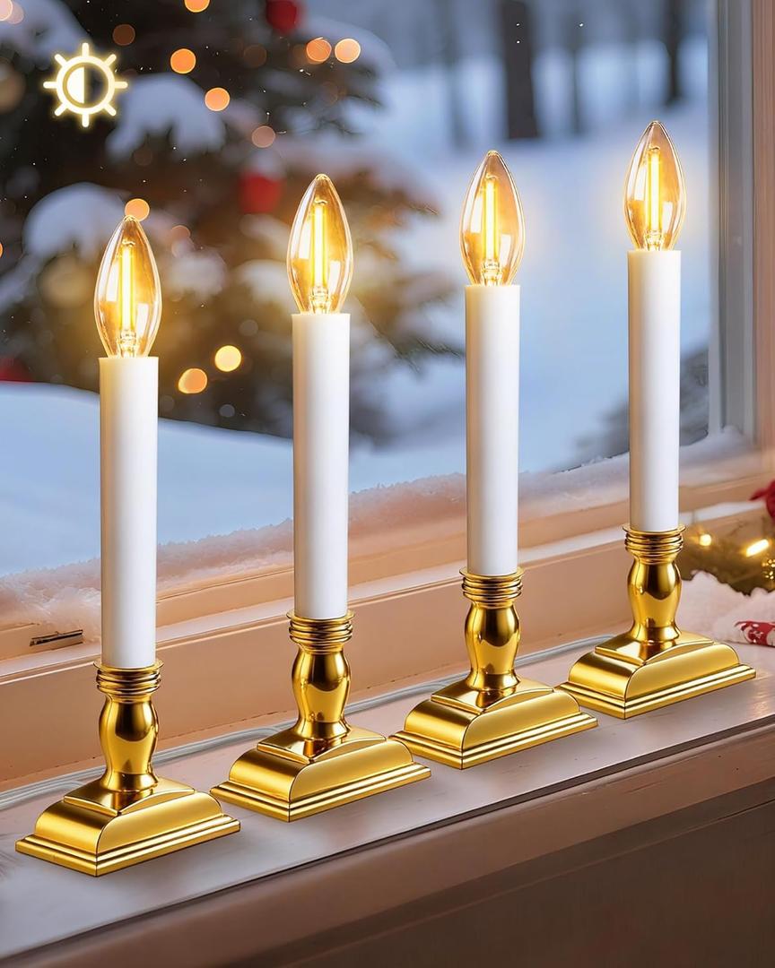 Window Candles with Sensor Dusk to Dawn Electric Corded, 9.6'' Plug-in LED Window Candle Lights with Gold Holder and 6ft Cord, Christmas Candles for Windows Decoration, UL Listed, 4 Pack