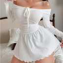 SOLY HUX Women's Off The Shoulder Babydoll Nightgown Tie Front Long Sleeve Knit Night Dress Sleepwear (L)