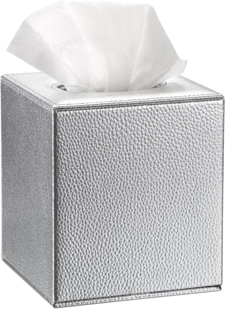 Sumnacon Tissue Box Cover Square Tissue Box Stylish PU Tissue Box Holder with Magnetic Bottom, Leather Cube Tissue Cover for Living Room Bathroom Bedroom Table Desk Home Office Car, Silver