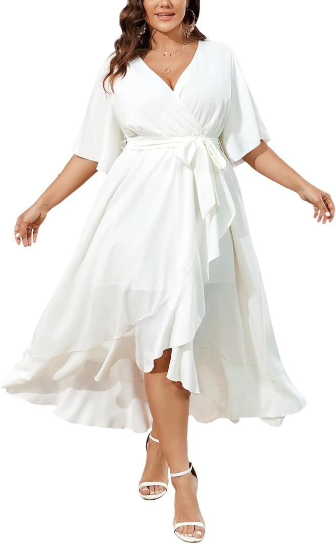 SCOMCHIC Women Plus Size Maxi Dress Short Sleeve Wrap V Neck High Low Split Ruffle Long Dress (White)