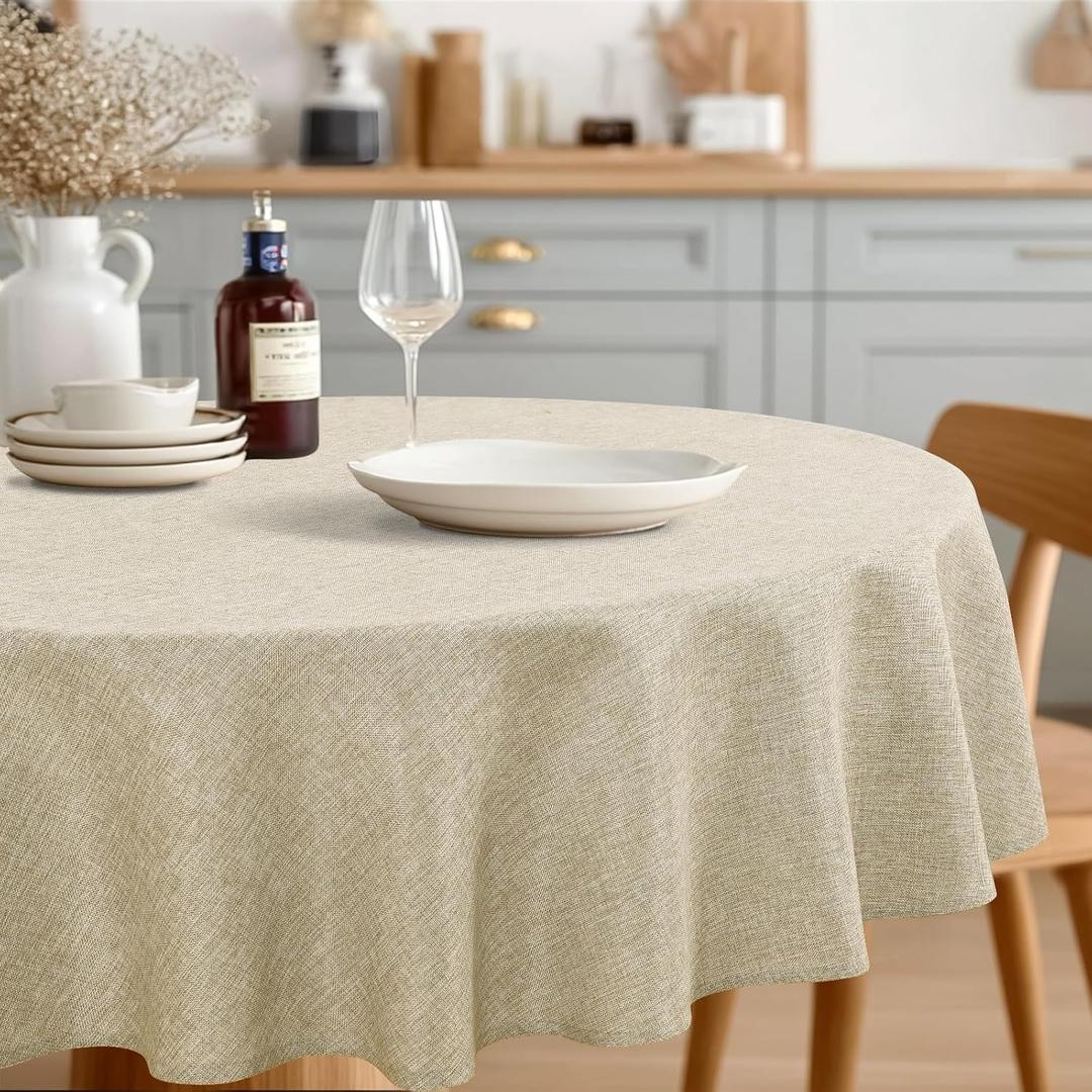 JIUZHEN Round Table Cloth Faux Linen Farmhouse Tablecloth Wrinkle and Stain Resistant Decorative Fabric Table Cover for Kitchen, Dining Room, Parties and Camping, Beige, 108 Inch Round