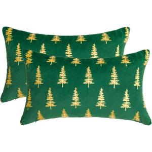 AVOIN colorlife Christmas Green Velvet Throw Pillow Covers 12 x 20 Inch, Gold Foil Print Christmas Tree Design, Glitter Accent Cushion Case Luxury Decoration for Sofa Couch Home Set of 2