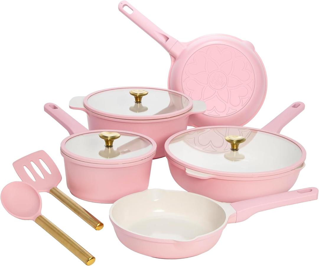 Paris Hilton Ceramic Nonstick Cookware Set, Cast Aluminum with Dual Layer Nonstick Coating, Gold Heart Knobs, Stay-Cool Handles, Made without PFAS, PFOA, PFOS & PTFE, Dishwasher Safe, 3-Piece, Pink