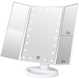 Tri-fold Lighted Vanity Makeup Mirror with 3x/2x Magnification,21 LEDs Light and Touch Screen,180 Degree Free Rotation Countertop Cosmetic Mirror,Travel (White)