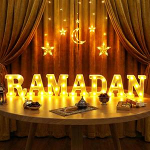 7 Pcs Ramadan Decorations Ramadan Large LED Letter Sign Powered Battery Light Gold Powder Surface Hanging Decor for Party Decorations Indoor Outdoor