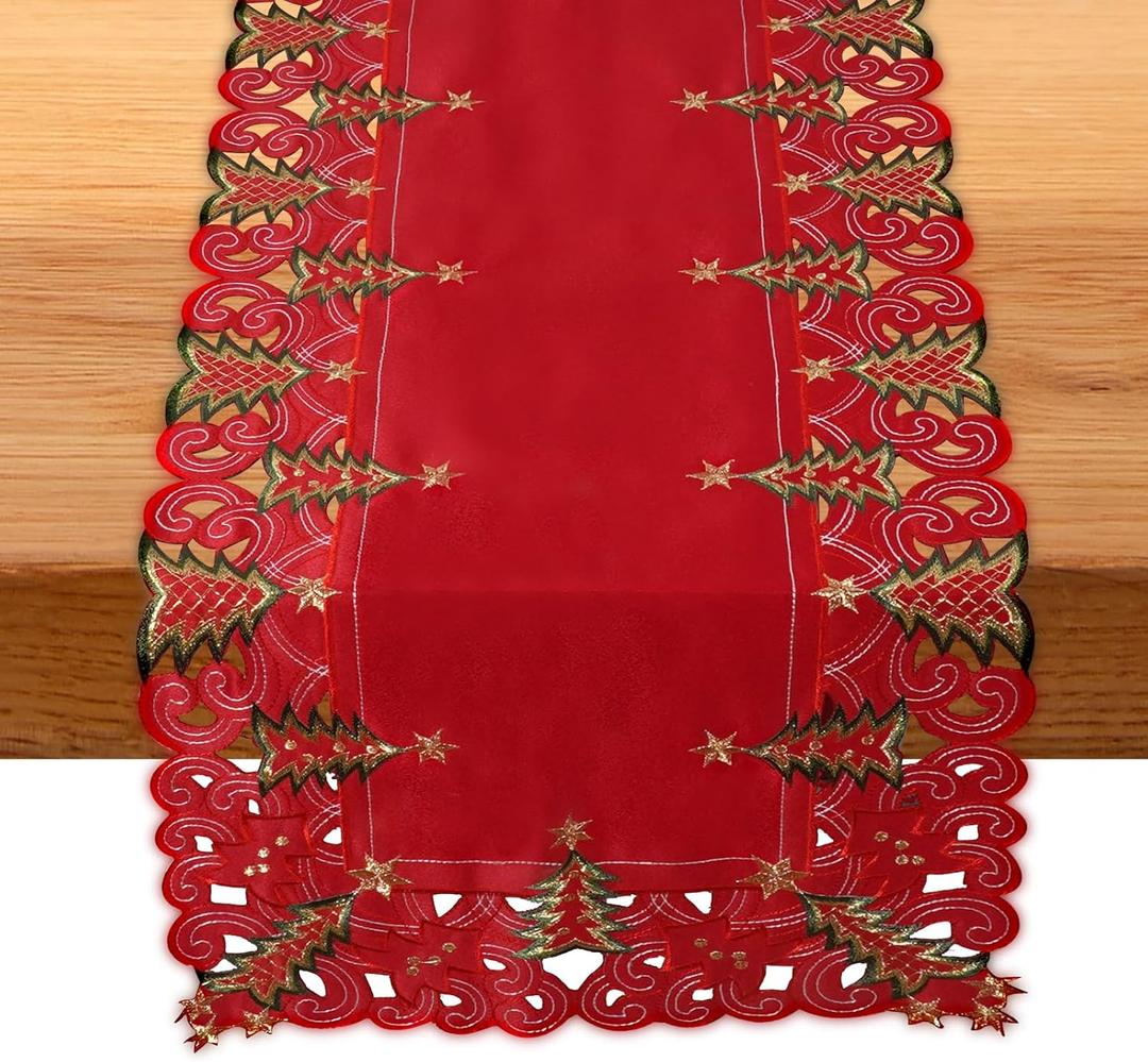 SHANGRLA Red Christmas Tree Table Runner 72 Inches Long  Embroidered Lace Tablerunner with Xmas Tree Design, Elegant Festive Dining Room Table Decor, Holiday Table Linen Centerpiece