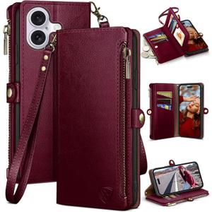 XcaseBar Compatible with iPhone 16 Plus 6.7" Wallet case with Zipper Credit Card HolderRFID Blocking,Flip Folio Book PU Leather Phone case Shockproof Cover Women Men for Apple 16 Plus case Wine Red