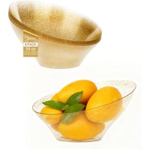 BESTSTAR 54OZ Clear and Gold Gliter Plastic Serving Bowls 8 Pack Angled Disposable Party Bowls for Chips, Salad, Fruit & Candy  Heavy Duty Clear Serving Bowls for Parties, Buffet, Christmas