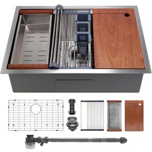 32" x 19" Multifunctional Undermount Workstation Kitchen Sink S304 Stainless Steel Handmade Modern Single Bowl Kitchen Sink with Accessories and Integrated, 32" x 19" x 10" Undermount Sink