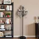 Modern 5-Light Crystal Floor Lamp with Black Finish, Dimmable, 65" Tall, Foot-Operated Switch, E12 Candelabra Base for Bedroom, Dining Room, Living Room