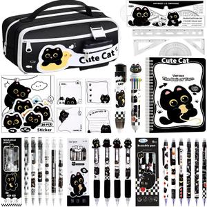 Black Cute Cat Stationery Set Cat School Supplies Including Sticky Notes,Mechanical Pencils,Eraser,Notebook,Stickers, Ruler etc Kawaii Birthday Gifts Classroom Rewards