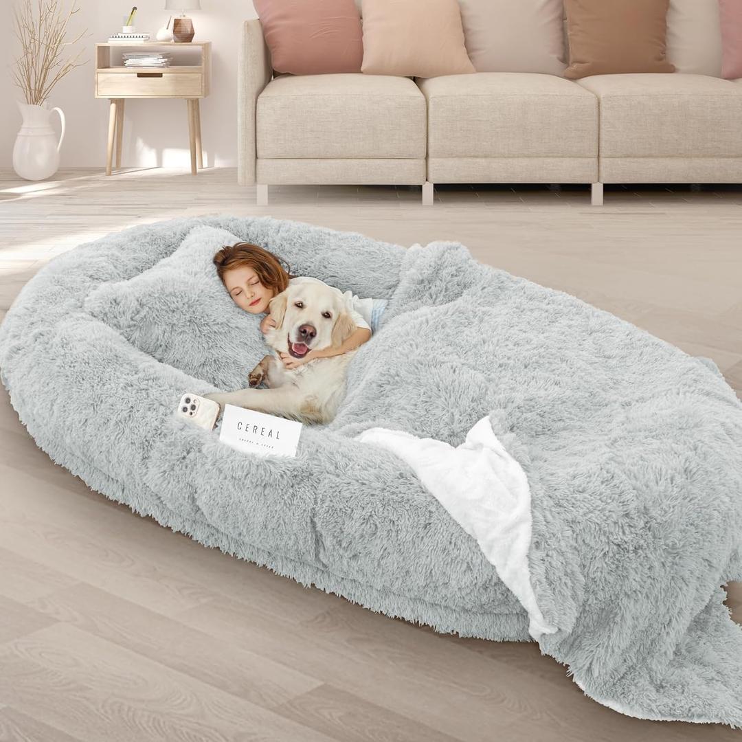 ROOMTEC Human Dog Bed, 71''x45''x12'' Size Fits Adult and Pet Washable Giant People Dog Bed 10 CM Thick Memory Foam Large Oversize Dog Bed with Plump Pillow, Blanket, Strap - Grey