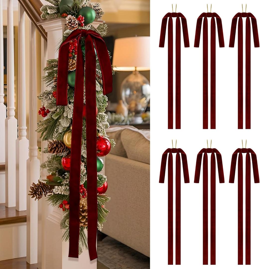 SIMISI RIBBON Burgundy Long Velvet Bows Ornaments for Christmas Tree, Wreath, Garland, Swag, Staircase, Fireplace, Door (15 * 24 inch, 6 Pieces)