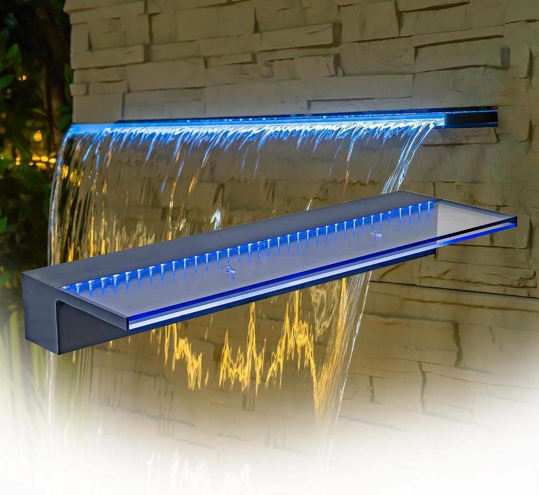 Waterfall Spillway with 7 Color-Changing LED Light, Sheer Descent Pool Fountain – Waterfall Kit for Outdoor Garden, Patio, Swimming Pool and Koi Pond Decoration (Acrylic, 24 Inch)