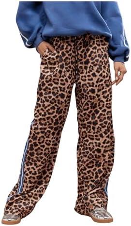 WDIRARA Women's Y2k Leopard Print Pants Elastic Waist Wide Leg Pants Trousers Bottoms, XXL