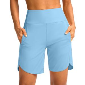 Soothfeel Women's 7" Athletic Running Long Shorts with Pockets High Waisted Bermuda Shorts for Women Workout Walking Casual (Blue, XL)