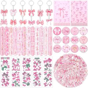 222PCS Pink Bow Party Favors Pink Bow Slap Bracelets Badges Keychains Stickers Temporary Tattoos Goodie Bags for Birthday Party Decorations Bridal Shower Bow Party Supplies for Girls Kids