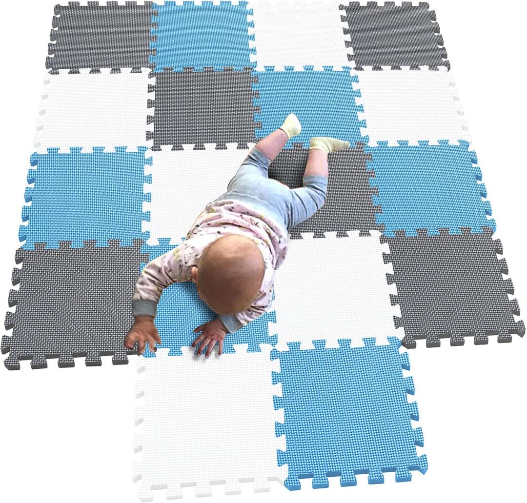 MQIAOHAM 18 Pieces Puzzle Play Mats, Soft Baby Play Mat, Kids Interlocking Foam Floor Tiles, Toddlers Carpet Playmats G301018-101107112 (871721cm, White Blue Grey)