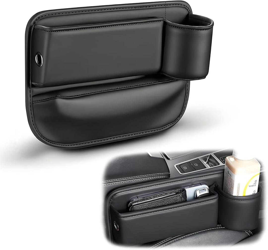 Car Seat Gap Filler Organizer, Universal Premium Leather Seat Organizer with Cup Holder, Seat Gap Storage Box with Bottle Holder, Car Leather Gap Bag Front Center Console Seat (Passenger Side)