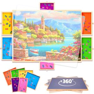 1500 Pieces Rotating Puzzle Board with Drawers and Cover, Wooden Jigsaw Puzzle Table for Adults and Kids, Colorful Puzzle Trays for Sorting and Storage, Lazy Susan Spinning Puzzle Boards Gift for Mom