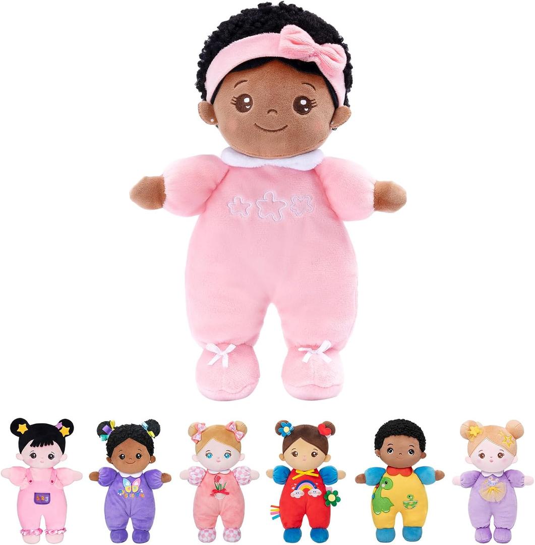 OUOZZZ Soft Black Baby Dolls for Girls - First African American Baby Dolls Multicultural Plush Rag Doll Sleeping Cuddle Buddy Doll Toy for Kids 10" (C-nevaeh03 Pink)