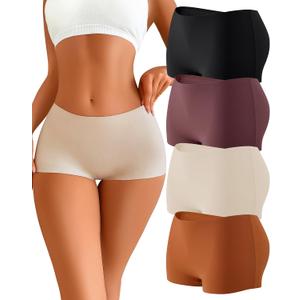 CUTE BYTE Womens Seamless Boy Shorts Underwear Soft Stretch No Show Boxer Shorts Briefs Panties for Ladies 4 Packs (Medium, Black/Nude/Mocha Gray/Brick Yellow)
