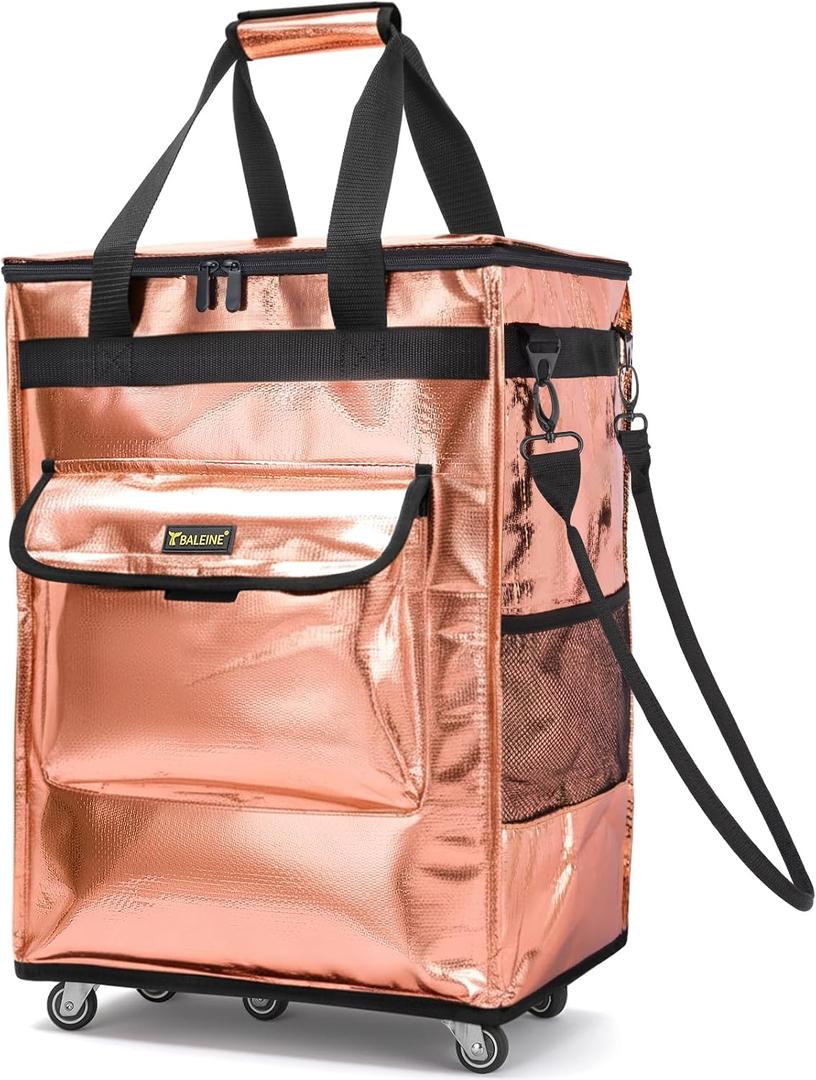 BALEINE Reusable Grocery Bags on Wheels, Rolling Tote Bag, Shopping Trolley, Large Backpack Shopping Carts for Groceries (20"x15.5"x25.5", Rose Gold)