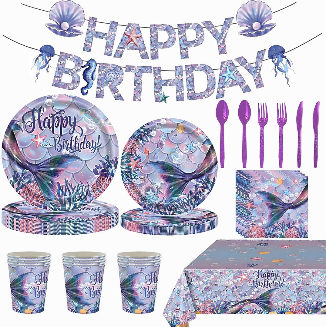 170Pcs Mermaid Birthday Party Decorations , Mermaid Party Supplies Set Includes Napkins, Tablecloths, Cups, Plates, Knives, Forks, Spoons, Ocean Theme Birthday Party Banners, Serves 24