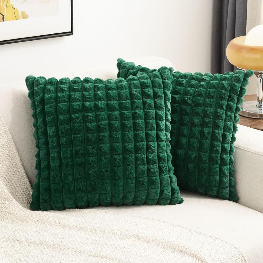FUTEI Emerald Green Decorative Throw Pillow Covers 24x24 Inch Set of 2,Square Euro Cushion Case,Soft Fluffy Faux Rabbit Fur Plaid/Cozy Velvet,Modern Home Decor for Couch Bed