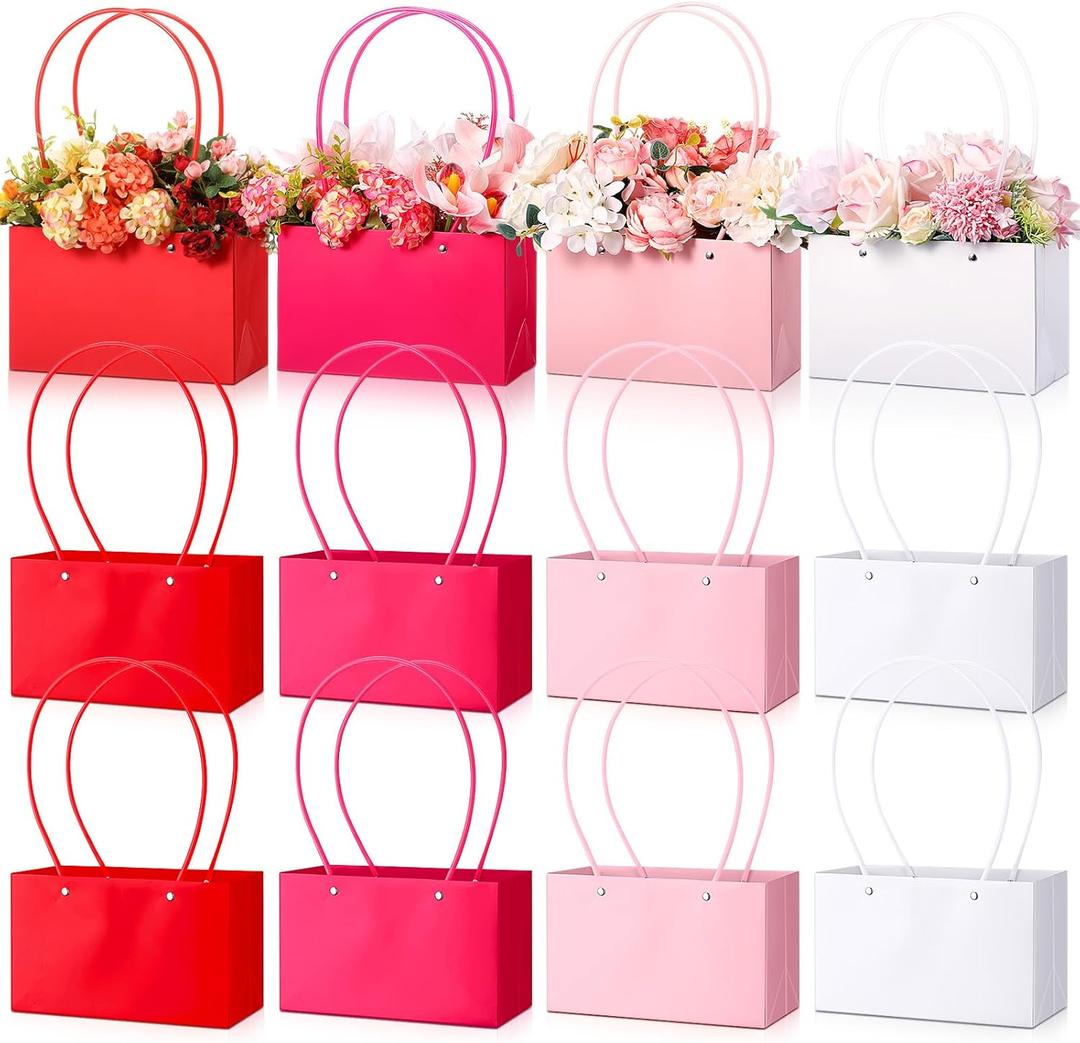 Geyoga 12 Pcs Flower Boxes for Arrangements Kraft Paper Gift Bags with Handle Waterproof Lining Flower Floral Bouquets Bags for Mother's Day Graduation Wedding Anniversary Birthday Gift(4 Colors)