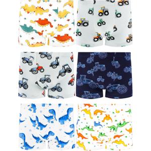 Boys Soft Cotton Boxer Briefs, Tagless Underwear for Toddlers & Kids, Breathable, Assorted Prints, 6-Pack (4T, Dinosaur-leaf-footprints-star-red Tractor)