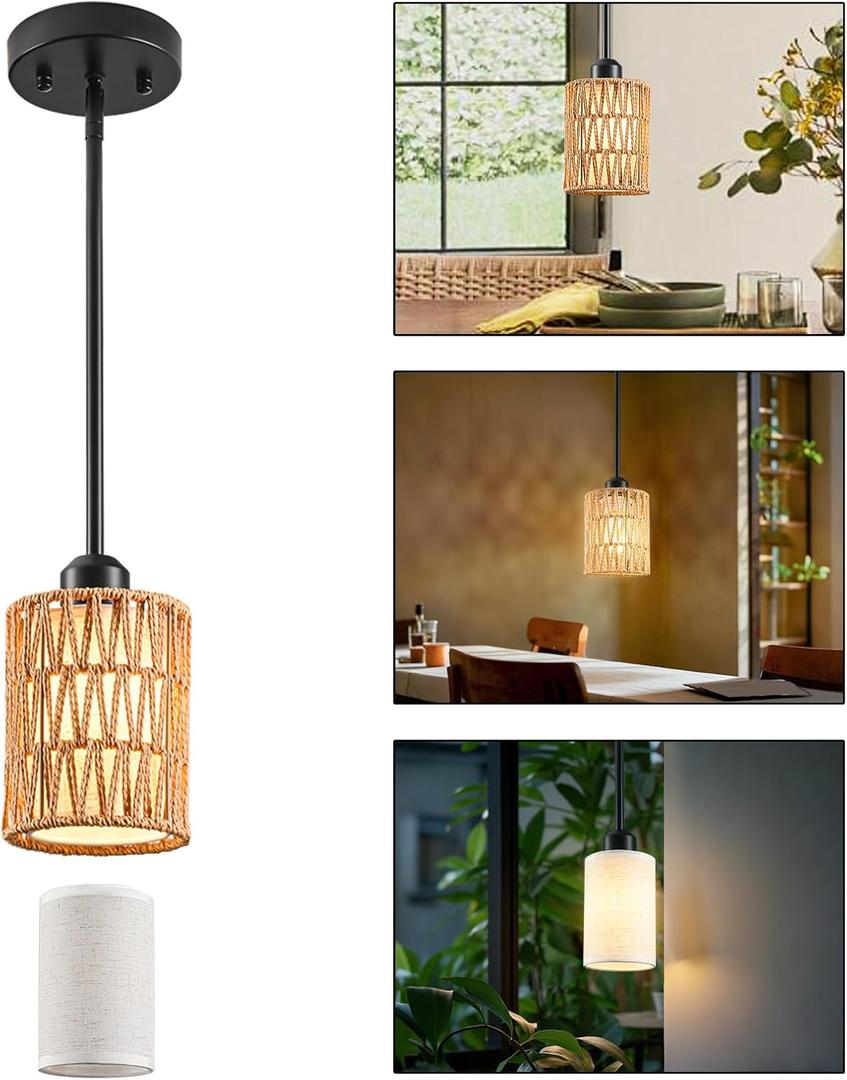 Rattan Pendant Light, 6 Inch 2-in-1 Boho Hanging Fixture with Iron Rods & Linen Shade, Adjustable Height & Sloped Ceiling Compatible for Kitchen Island Dining Room Farmhouse Bedroom, 1 Pack