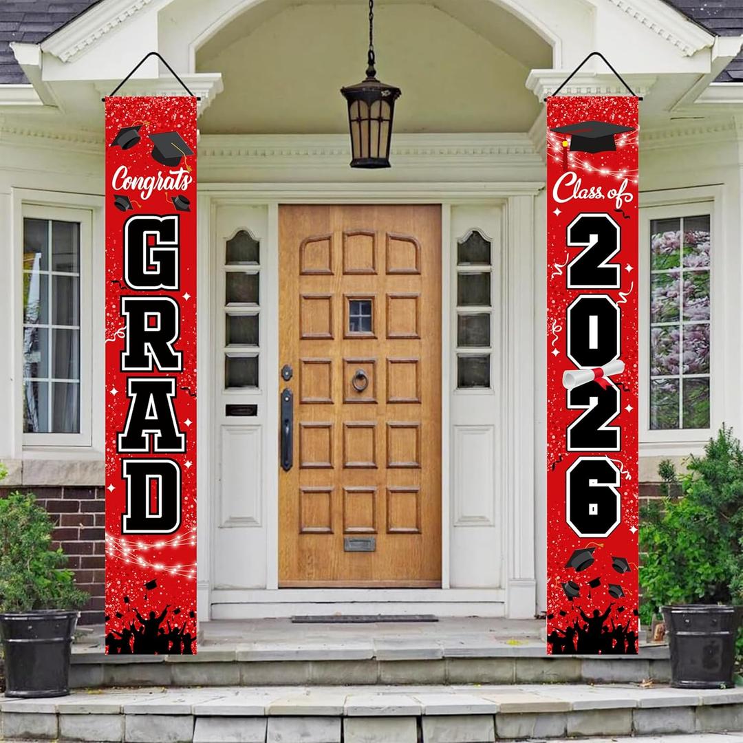 Graduation Decorations Class of 2026 Red - Porch Banner Door Sign for Front Door Outdoor Yard, Weather-Resistant Welcome Congrats Grad Hanging Flag, High School College Party Supplies