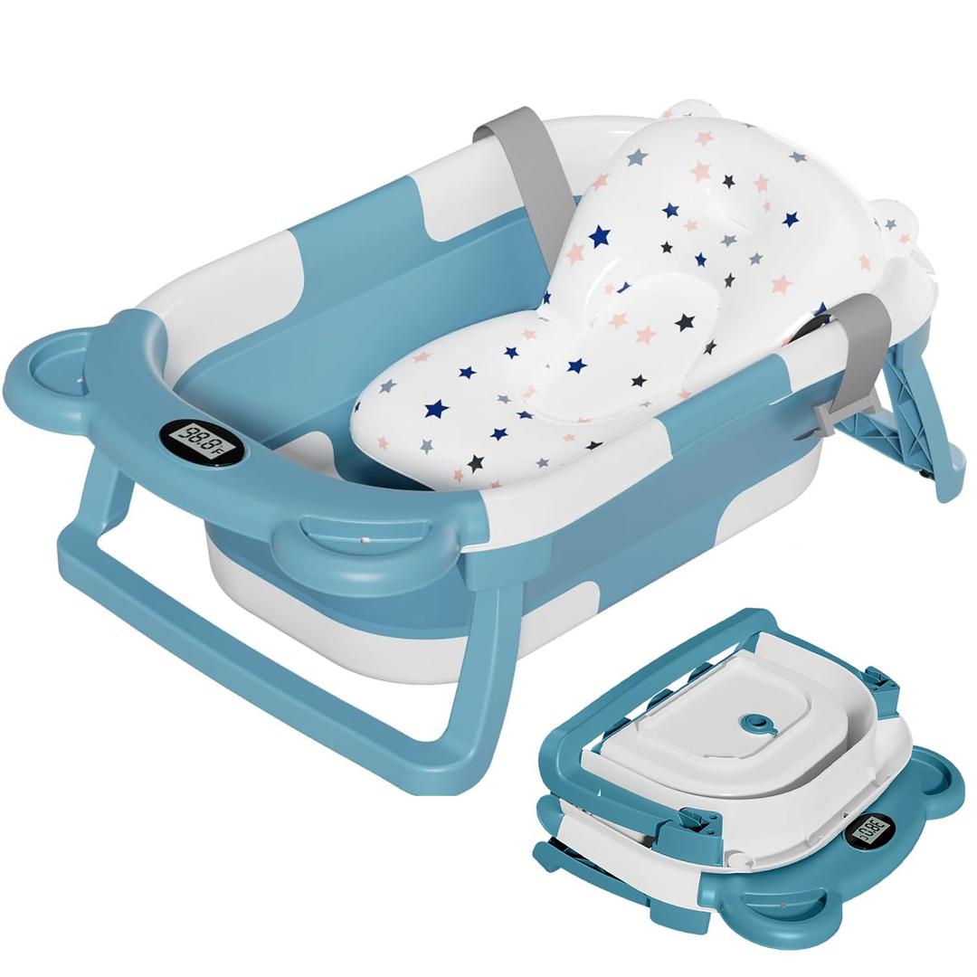 TPN Collapsible Baby Bathtub for Infants to Toddler with Real-time Temp Monitor+Floating Cushion,Foldable Baby Bath Tub Set Applicable 0-36 Month,Perfect Portable Travel Baby Tub for Newborns Boy