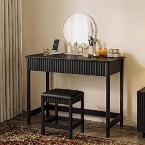 ChooChoo 47.2 Inch Modern Desk with Drawers, Makeup Vanity Desk with Padded Stool, Writing Computer Desk for Home Office & Bedroom, Black, 47.24in