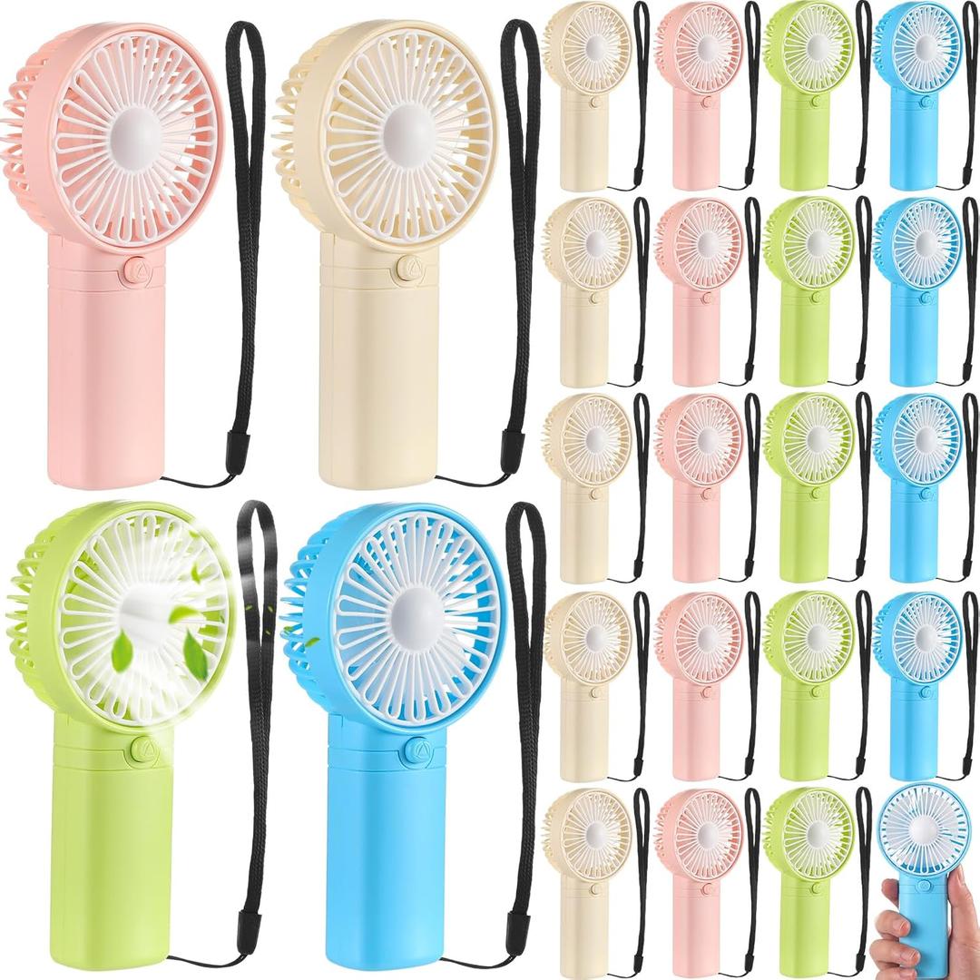 Woanger 24 Pack Mini Handheld Fan Bulk with Rope Hanging Portable Eyelash Fans Small Personal Cooling for Wedding Travel Makeup Camping Hiking Independent White Box (Beige Pink,Blue,Green), 2.36x4.92 Inches