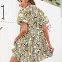 Skoinvb Women's Summer Short Puff Sleeve Floral Dress Button Down Loose Fit Casual Shirt Dresses Khaki XL