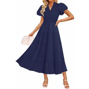 ZESICA Women's Summer Casual Maxi Dress 2026 Puff Short Sleeve V Neck Ruffle Tiered Flowy Boho Beach Dresses (Blue, L)