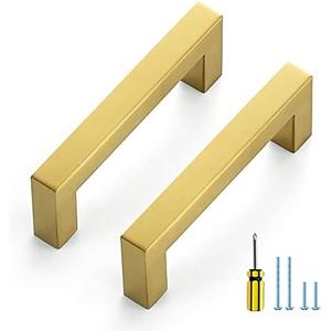 Ravinte 10 Pack Gold Cabinet Pulls 3-1/2 Inch Brushed Brass Kitchen Cabinet Handles Gold Square Kitchen Hardware for Drawer Pulls Come with Screwdriver