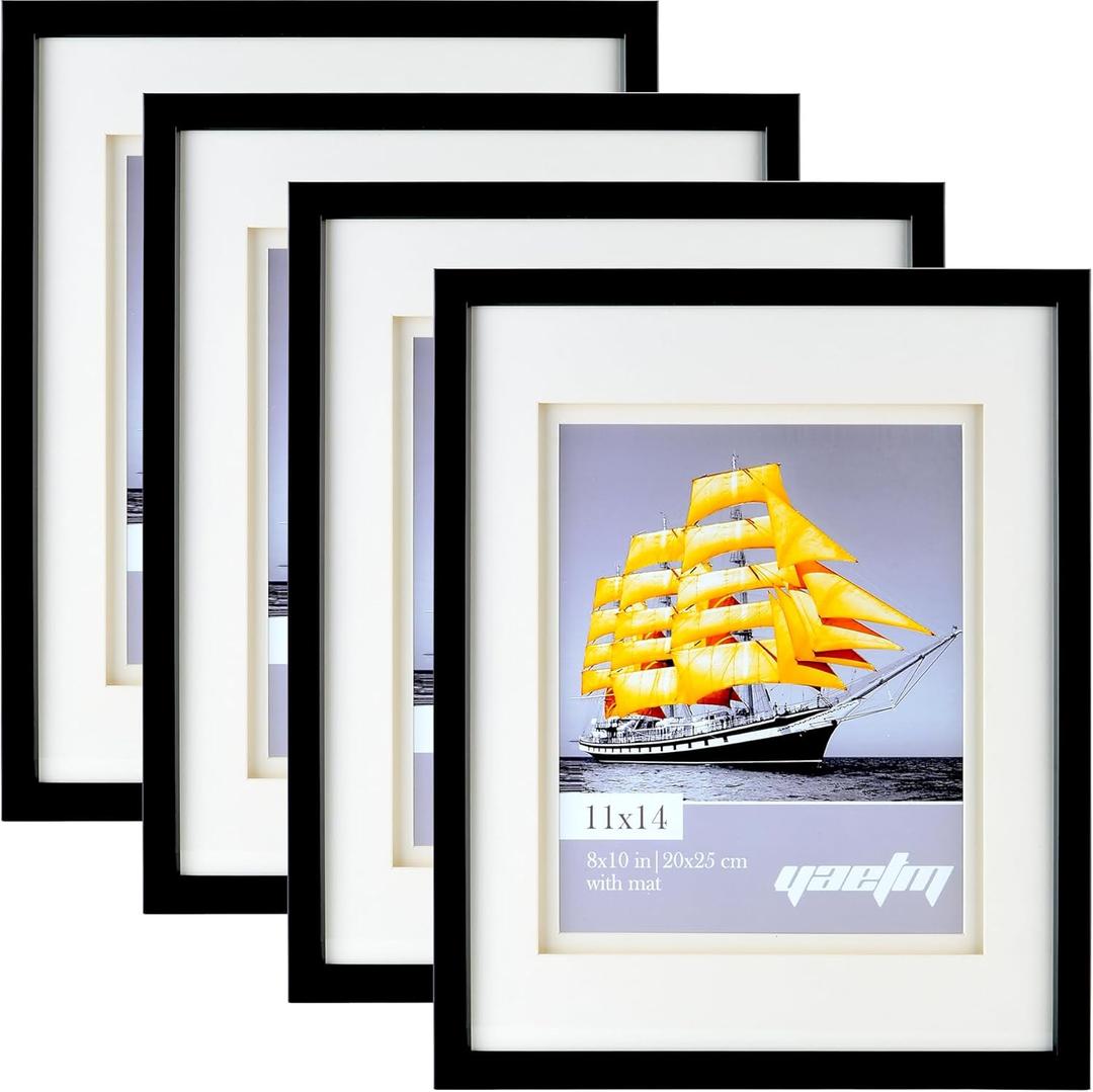 Yaetm 11x14 Double Floating Mat Picture Frame Set of 4, Display Picture 8x10 with White Double Mat, Polished High Definition Real Glass, Wall Mounting Photo Frames, Black/White, Pack of 4