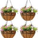 EIMQUVW Outdoor Metal Hanging Planters Basket (4pack, 14 inch) Hanging Baskets for Plants Chain Round Wire Plant Holder with Coco Fiber Liners for Garden, Patio, Deck, Porch (Flower Border)