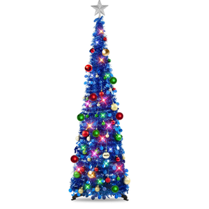 N&T NIETING Pop Up Christmas Tree with Lights, Collapsible Tinsel Xmas Tree Decorations, Pencil Christmas Tree Skinny Tree for Holiday Xmas Home Office Decor, 30 Balls, 5Ft, Blue