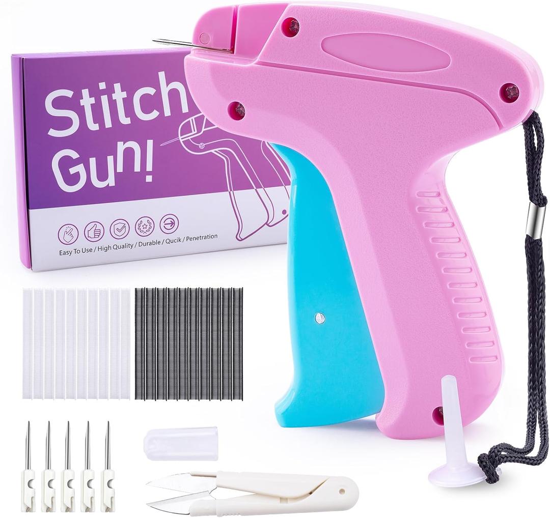 Stitch Gun for Clothes, Stitchy Quick Clothing Fixer, Micro Tagging Gun for Clothing, Mini Sticky Sewing Gun, Stitch Fix Gun, Includes 6 Needles, 1 Scissors, 2000 Black & 2000 White Fasteners, Pink Blue