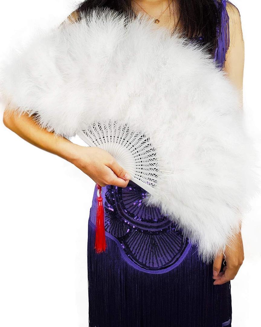 Happy Feather Handheld Marabou Feather Fan, 1920s Vintage Style Flapper Hand Fan for Costume Party and Dancing-WHITE