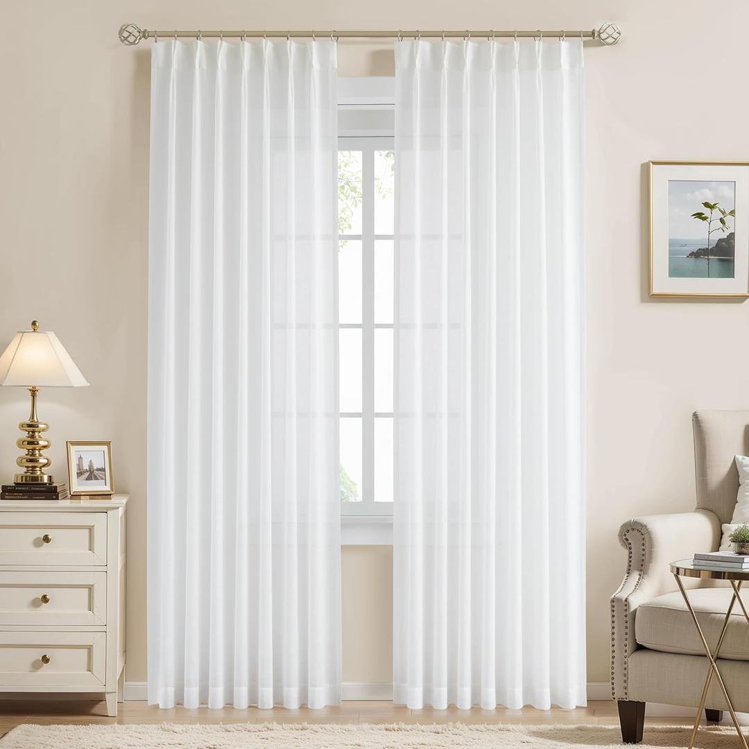 WEST LAKE White Pinch Pleat Curtain Panels 90 Inches Length, Farmhouse Sheer Airy Drapes for Living Room Bedroom ,Lightweight Linen Textured Window Treatment Set, Back Tab Hooks, 40" Wx90 Lx2