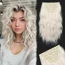 Synthetic Clip in Hair Extensions for Women 10 Inch 5Pcs Short Wavy Curly White Blonde with Gray Tone Hair Extensions Clip ins Full Head Synthetic Hair Extension for Women