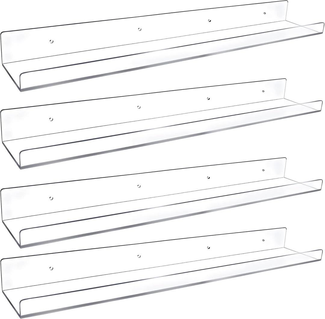4 Pack 24-Inch Long Clear Acrylic Floating Shelves Wall Ledge Invisible Wall Mounted Floating Bookshelf U Shape Wall Shelf for Book Display Makeup Product Spice Organizer