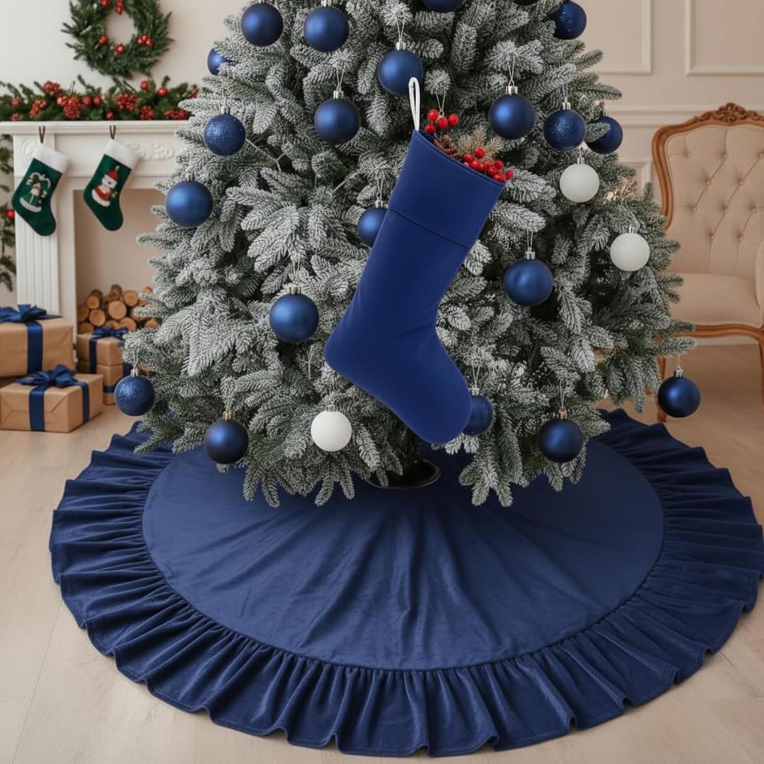 Realspring 48 Inch Large Velvet Christmas Tree Skirt with Jumbo Stocking Christmas Tree Skirt Decor Base Mat Thick Velvet Rugs for Xmas Vintage Holiday Indoor Outdoor Party Decorations(Dark Blue)