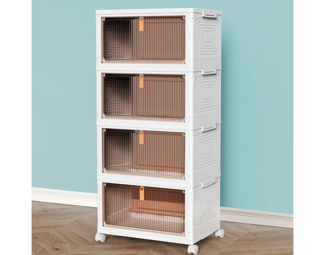 CTSNSLH 4 Tier Plastic Storage Bins and Boxes Organizer - Stackable with Lids for Bedroom, Living Room, Office - Foldable Containers