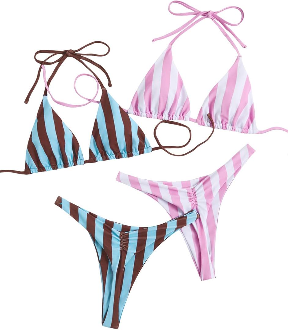 RoseSeek 2 Pack Leopard Print Bikini Sets Halter Triangle Top Brazilian Bottom Animal Print Swimwear Bundle (Medium, Pink White and Blue)